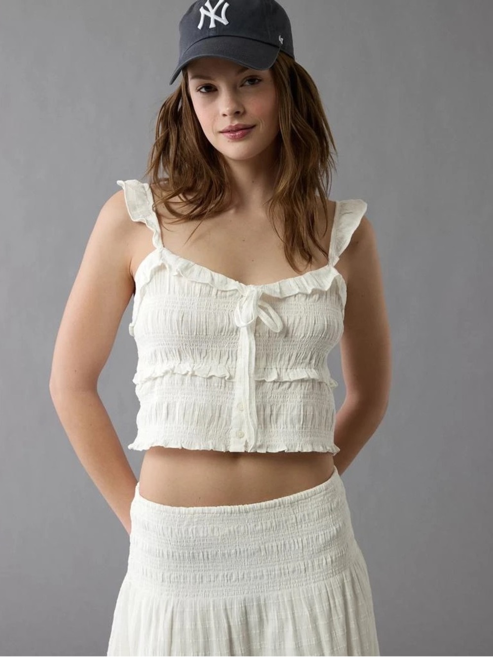 American Eagle Outfitters White Ruffled Smocked Cropped Camisole